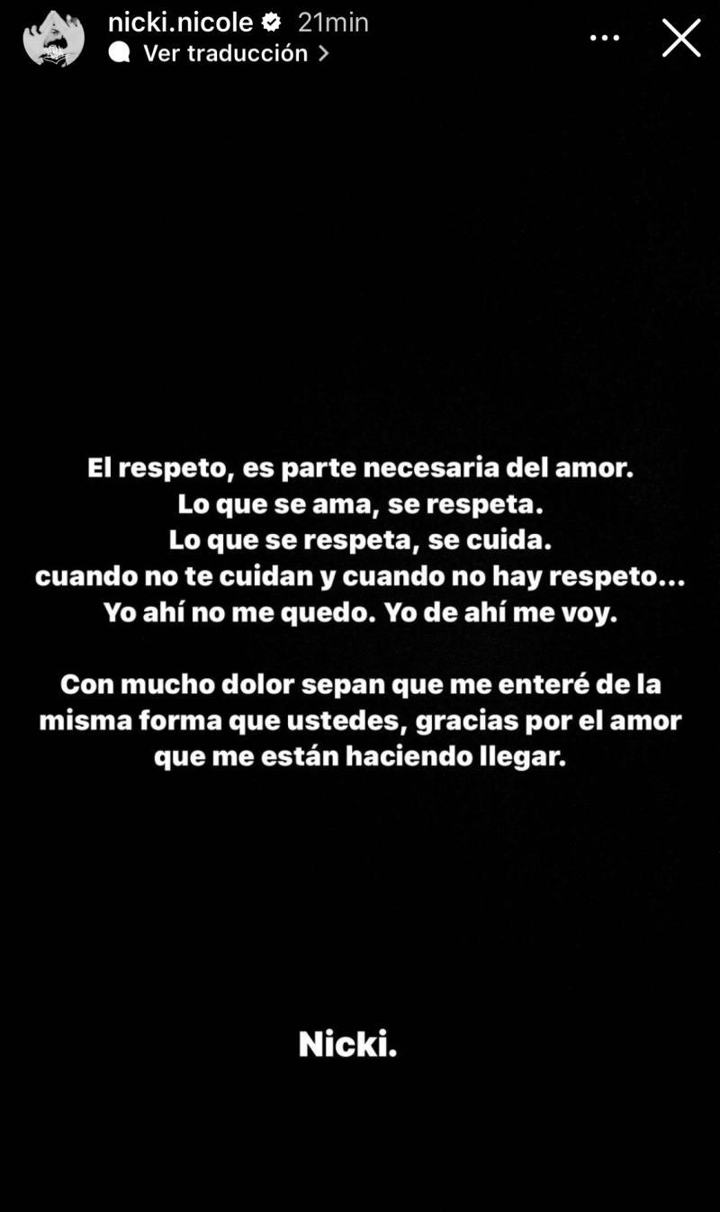 Mensaje de Nicki Nicole en redes sociales