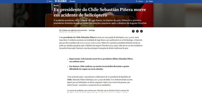 Captura - Así reaccionó O Globo por la muerte de Sebastián Piñera