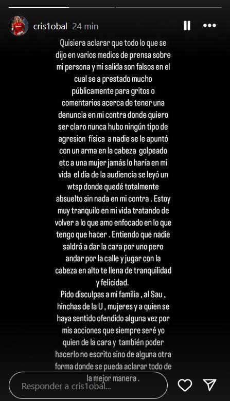 El mensaje de Cristóbal Campos en sus redes sociales / Créditos: Instagram