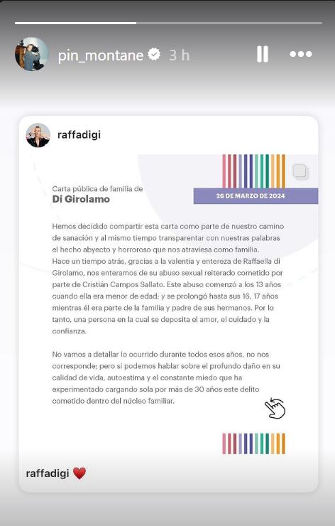Josefina Montané comparte comunicado de familia Di Girolamo tras denuncia contra Cristián Campos - Instagram