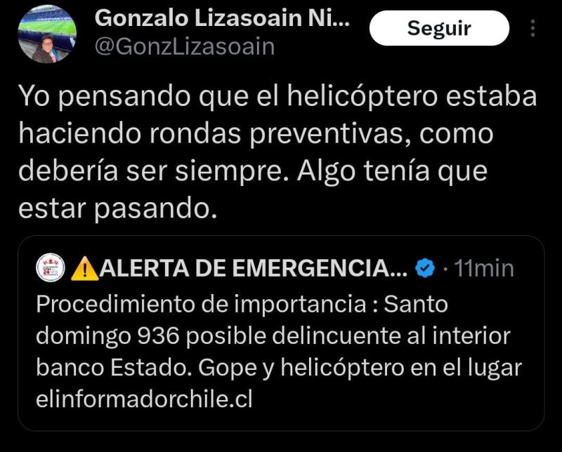 captura - Helicóptero sobrevuela la zona: Reportan posible desconocido al interior de Banco Estado en Santiago