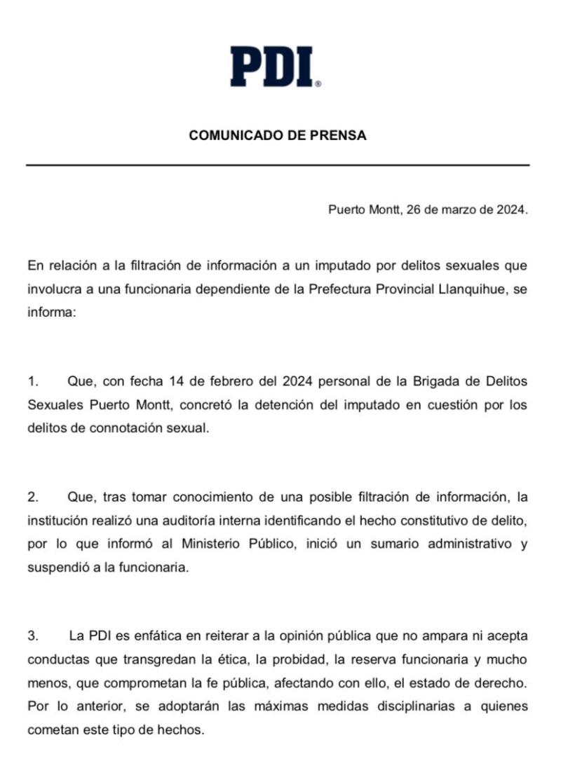 Comunicado de la PDI