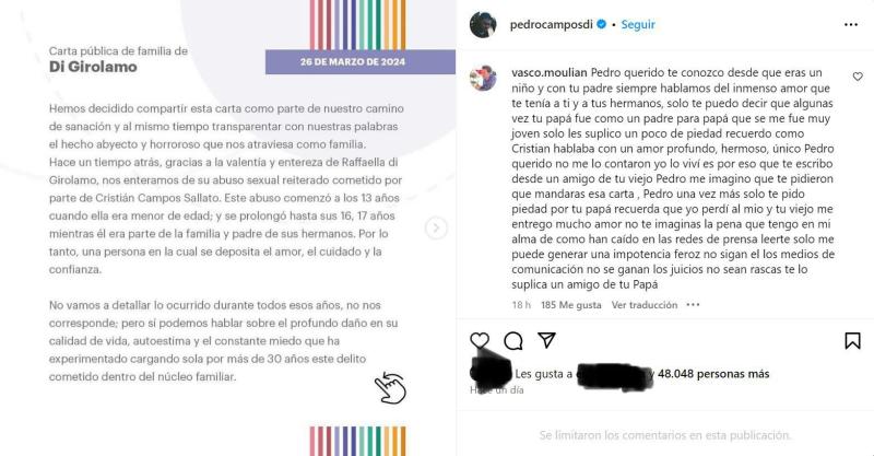 El mensaje de Vasco Moulián a Pedro Campos, hijo de Cristián Campos