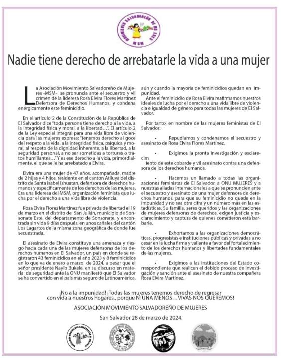 X @juliaevelinM - Comunicado de Movimiento Salvadoreño de Mujeres (MSM) de El Salvador