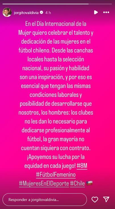 Instagram @jorgitovaldivia - Jorge Valdivia envía mensaje de apoyo a futbolistas mujeres en 8M