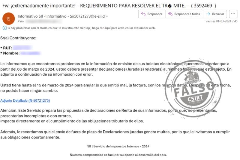 Mensaje falso de SII