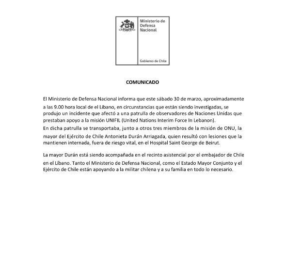 Está fuera de riesgo vital: Lo que se sabe del ataque en el Líbano en que una militar chilena resultó herida