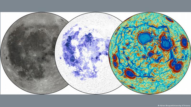 La cara visible de la Luna, con sus "mare" oscuros de lava rica en titanio (centro), es lo que reconocemos desde la Tierra (izquierda). Alrededor, anomalías gravitatorias lineales forman un patrón poligonal (derecha, en azul), indicando materiales densos sumergidos, evidencia física del trastorno mantélico global de hace más de 4 mil millones de años.