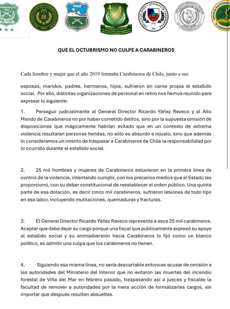 Carta firmada por ex funcionarios de Carabineros