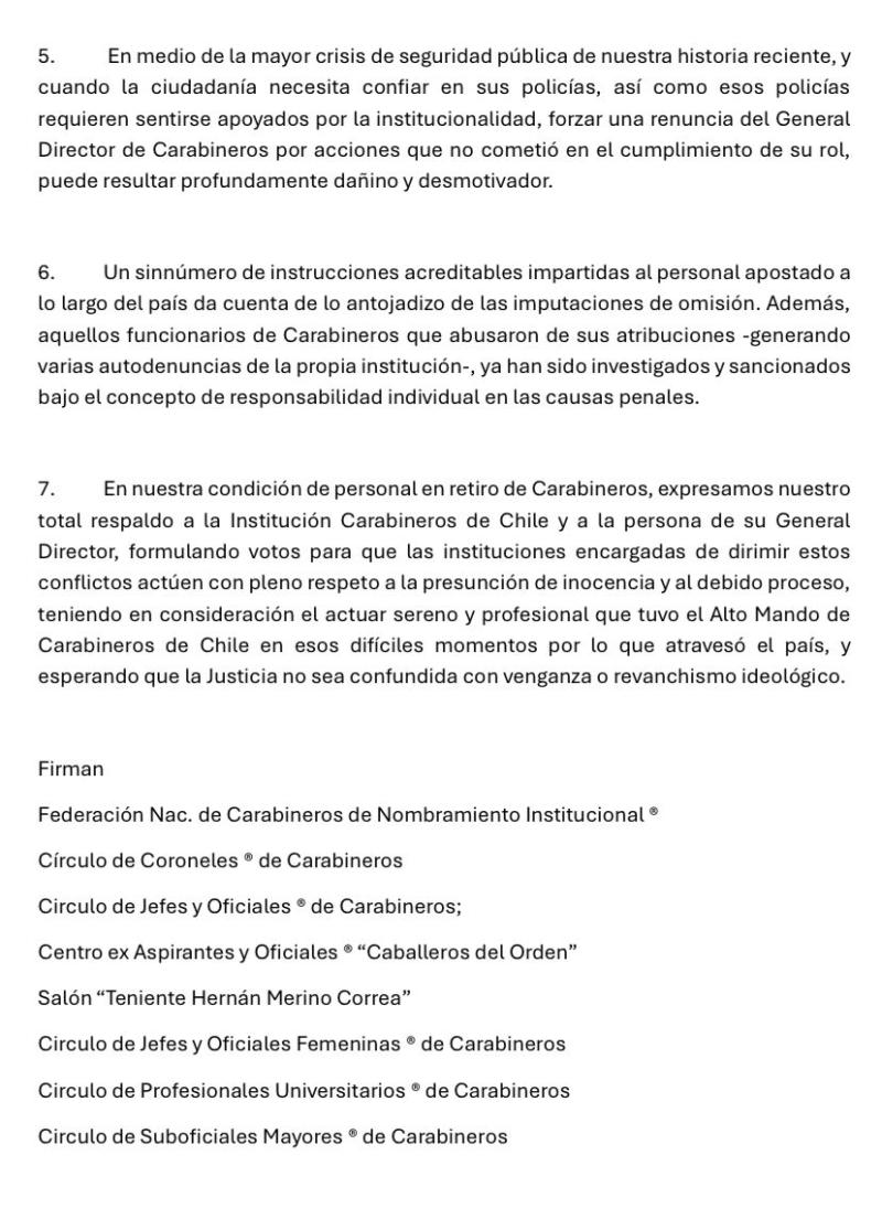 Carta firmada por ex funcionarios de Carabineros