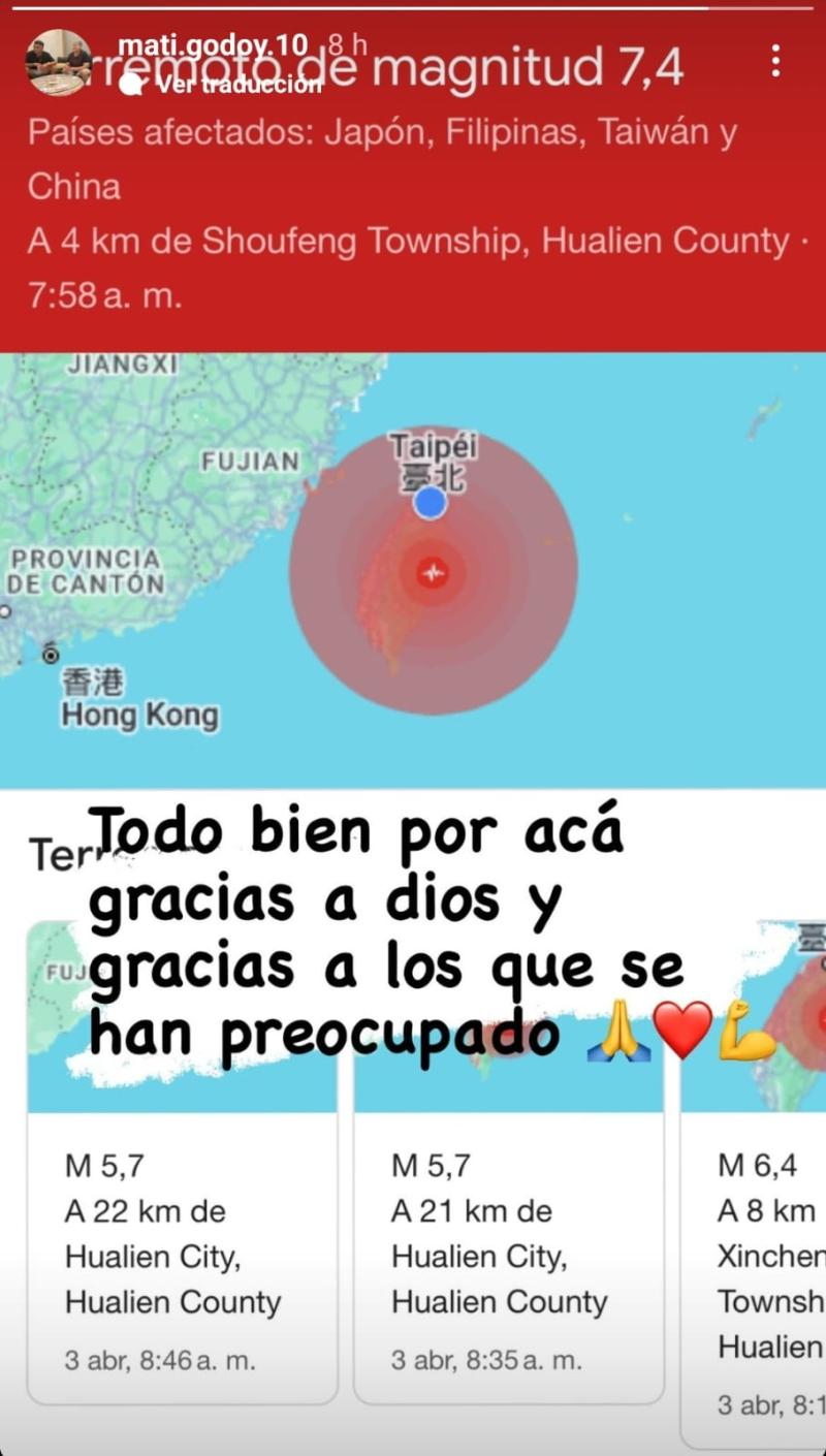 El futbolista chileno Matías Godoy agradeció la preocupación tras fuerte terremoto en Taiwan. / Foto: Instagram