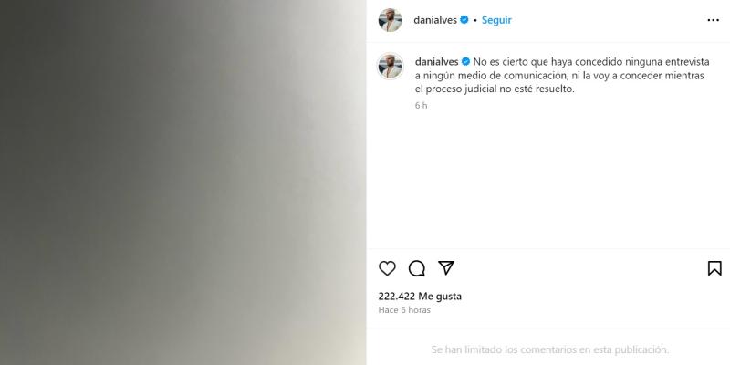 Dani Alves reaparece en redes sociales - Crédito: Instagram
