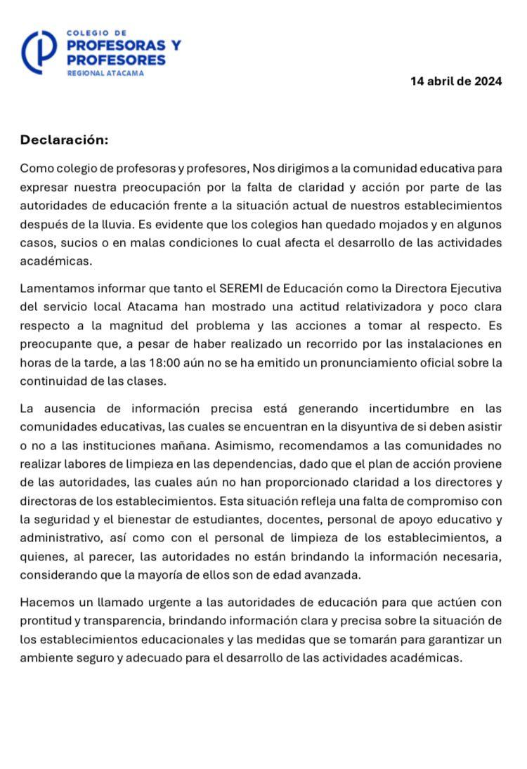 Comunicado de Colegio de Profesores de Atacama ( Tierra Amarilla )