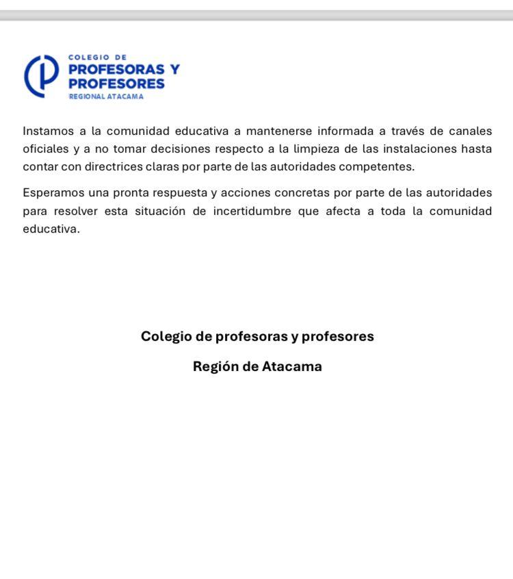 Comunicado de Colegio de Profesores de Atacama ( Tierra Amarilla )