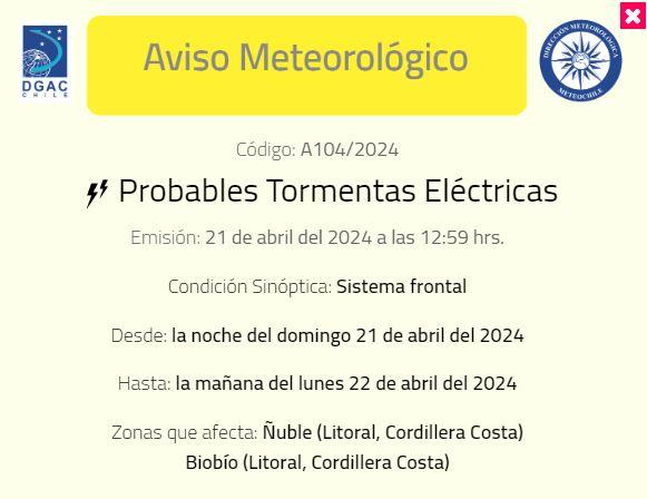 Meteorología emite aviso por probables tormentas eléctricas en dos regiones de la zona centro-sur