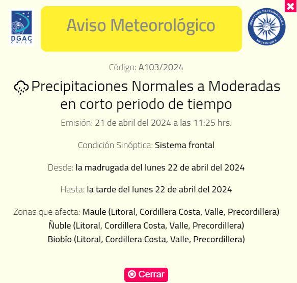Meteorología emite aviso por probables tormentas eléctricas en dos regiones de la zona centro-sur