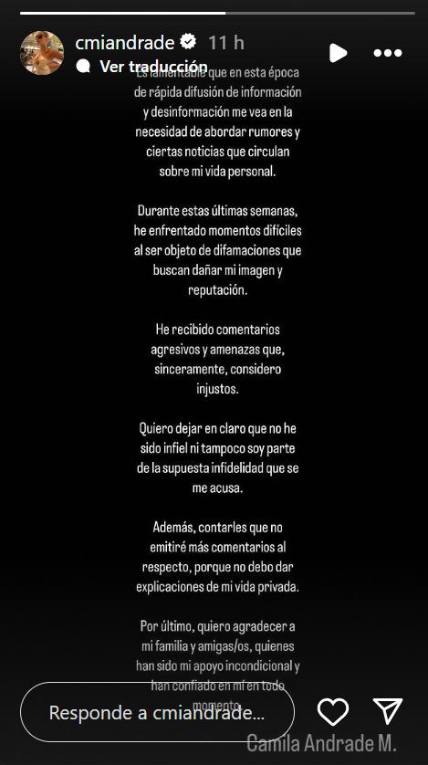 La declaración de Camila Andrade - Instagram