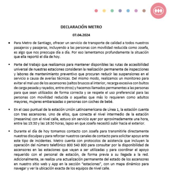 Metro lamenta situación de joven que debió arrastrarse por escaleras ante falla de ascensor en estacíón