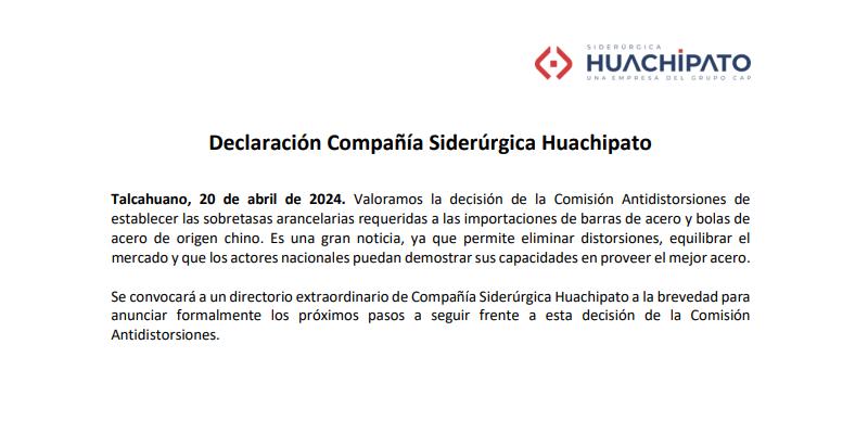 Siderúrgica Huachipato valora el alza en sobretasas para acero chino
