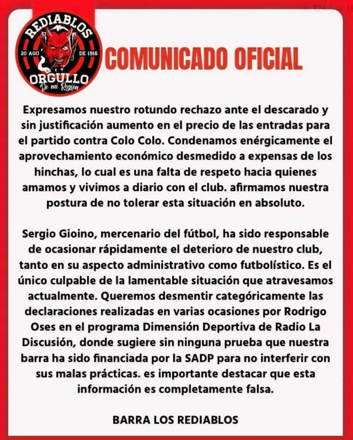 Los hinchas de Ñublense criticaron durante la semana a los dirigentes por las entradas ante Colo Colo - Créditos: Facebook