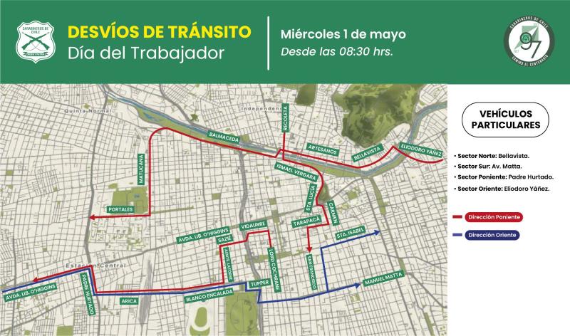 Mapa de cortes por 1 de mayo - Carabineros