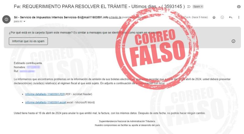 Mensaje falso que suplanta al Servicio de Impuestos Internos (SII)