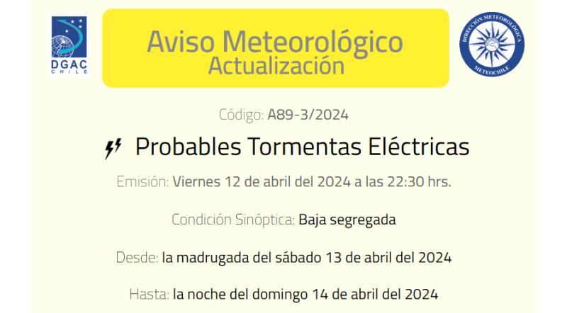 Meteorología Chile - Aviso de probables tormentas eléctricas para seis regiones del país