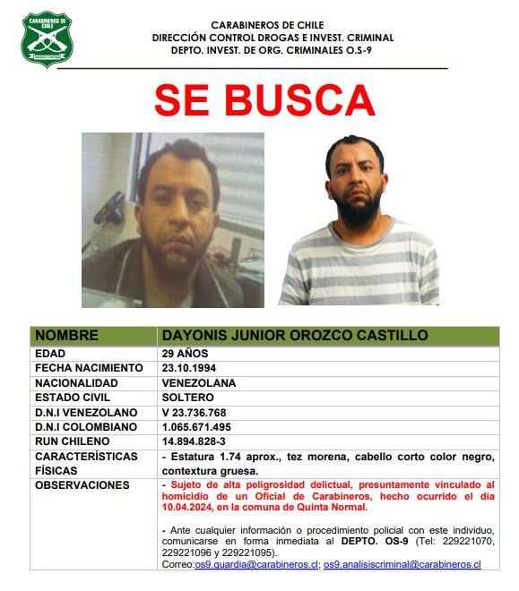 Carabineros - Se llama Dayonis Orozco: Carabineros difunde identidad de cuarto presunto implicado en asesinato de teniente Sánchez