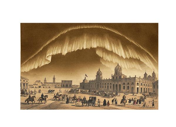 Archivo visual.cl: Auroras australes en la Plaza de la Independencia de Santiago, hoy Plaza de Armas. Imagen fue elaborada en base a dos grabados.