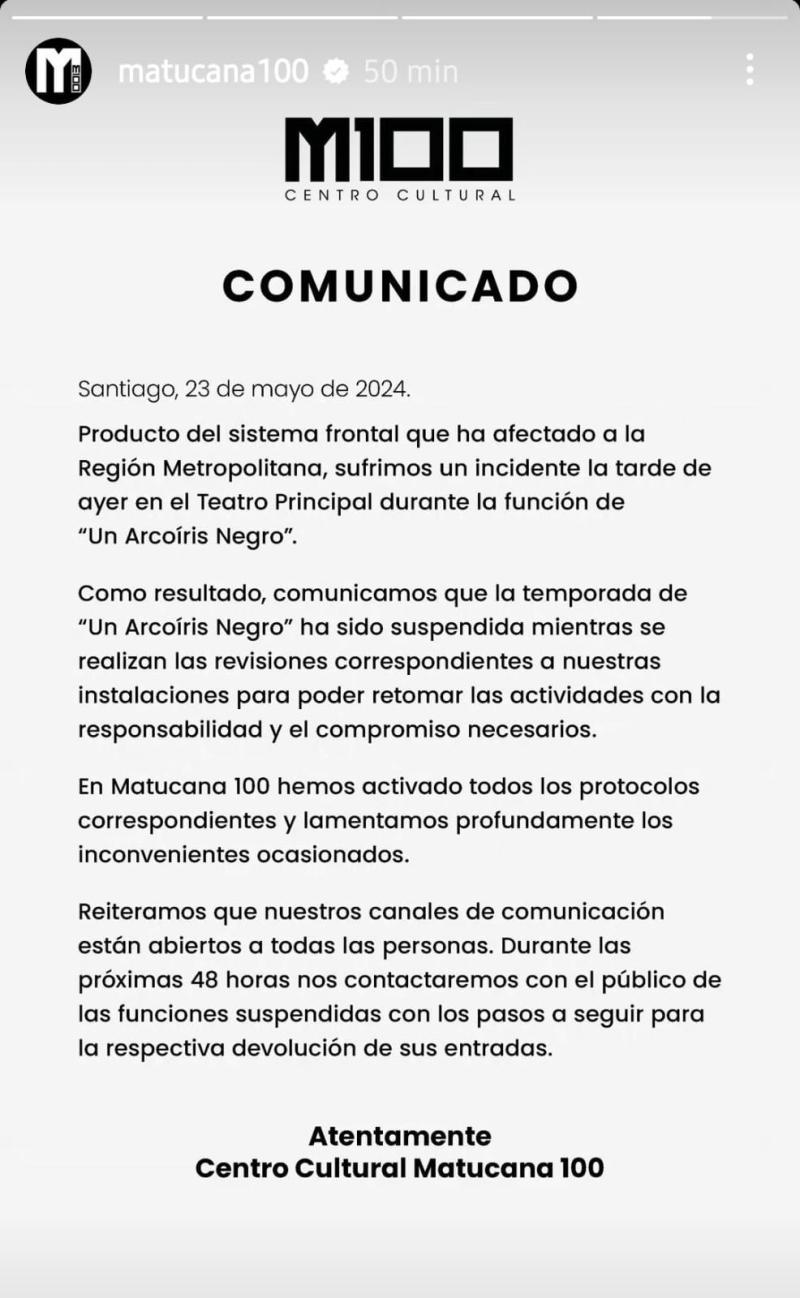 Comunicado del Centro Cultural Matucana 100 por la caída del techo durante la función de "Un Arcoíris Negro".