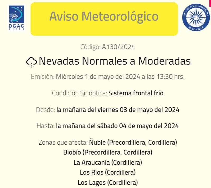 Meteorología - Pronostican posibles nevadas en zonas de cinco regiones del país