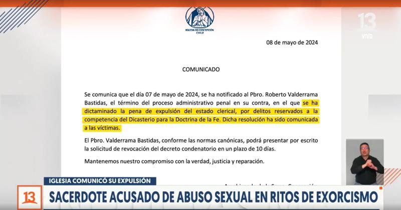 T13 - Comunicado de la Iglesia de Concepción de Chile por sacerdote exorcista