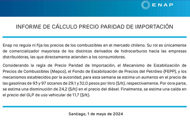 Enap anuncia nueva alza en precios de las bencinas