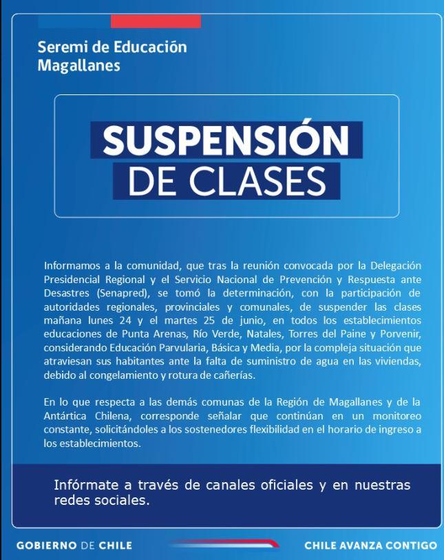 Suspensión de clases en cinco comunas de Magallanes