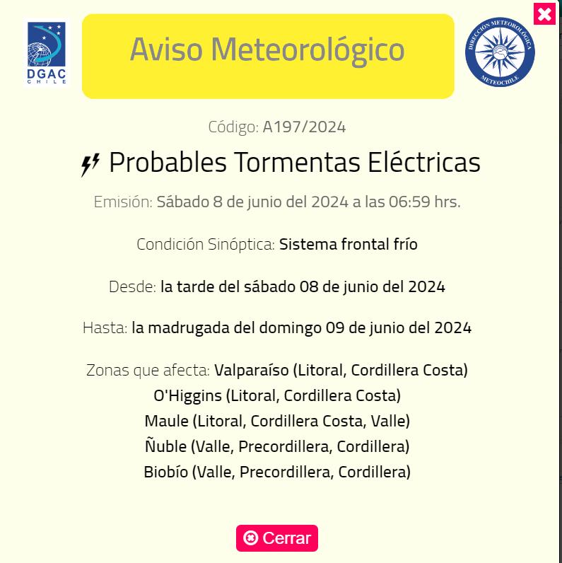 Meteorología emite aviso de probables tormentas eléctricas en cinco regiones