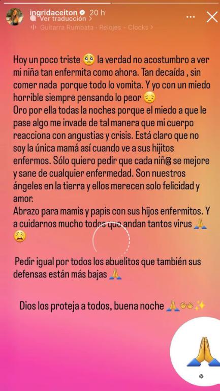 Ingrid Aceitón preocupa a sus seguidores con publicación sobre su hija