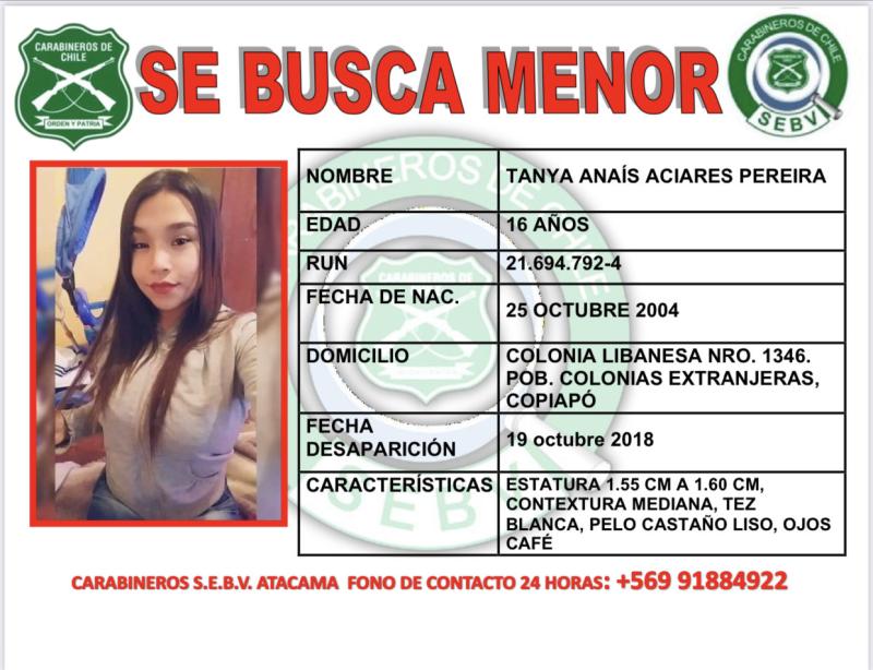 Búsqueda de Tanya Aciares Pereira, adolescente que desapareció en 2018.