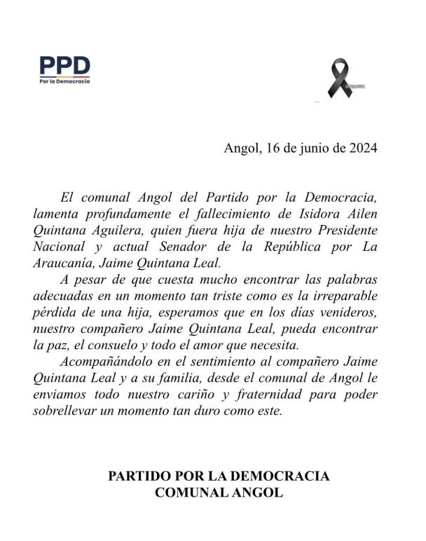 Comunicado del PPD tras la muerte de la hija de Jaime Quintana