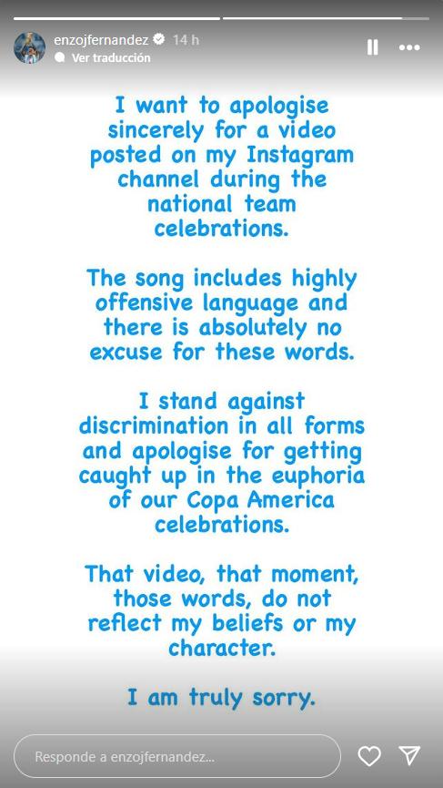 Las disculpas de Enzo Fernández - Créditos: @enzojfernandez