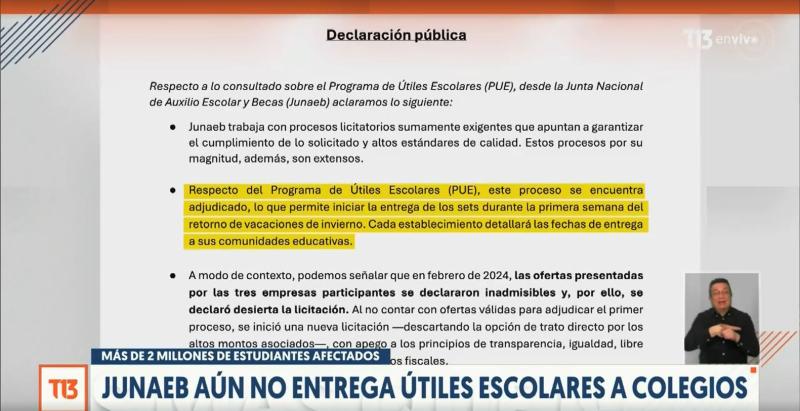 T13 - Comunicado de la Junaeb