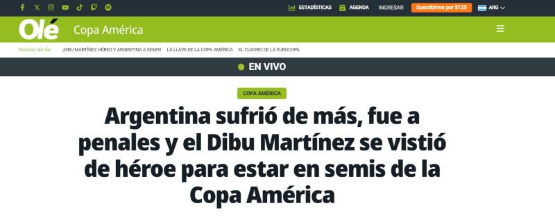 Captura - Portada de Olé por triunfo de Argentina