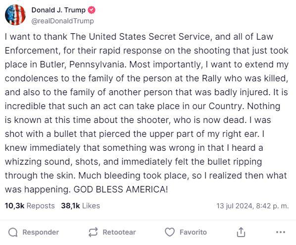 Donald Trump habla tras intento de asesinato: "Sentí la bala atravesando mi piel"