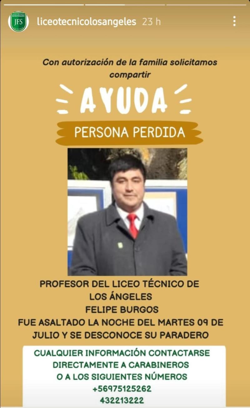 Captura de pantalla Instagram - Anuncio sobre el profesor desaparecido en Los Ángeles