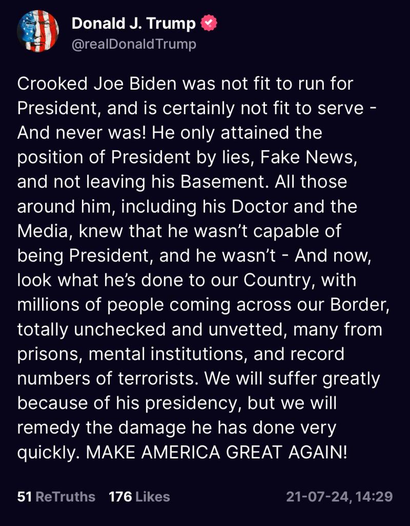 Trump reacciona a bajada de Biden: "No era apto para presentarse a Presidente"