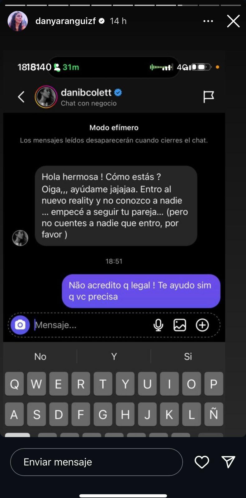 Instagram - Captura de Daniela Aránguiz sobre Daniela Colett