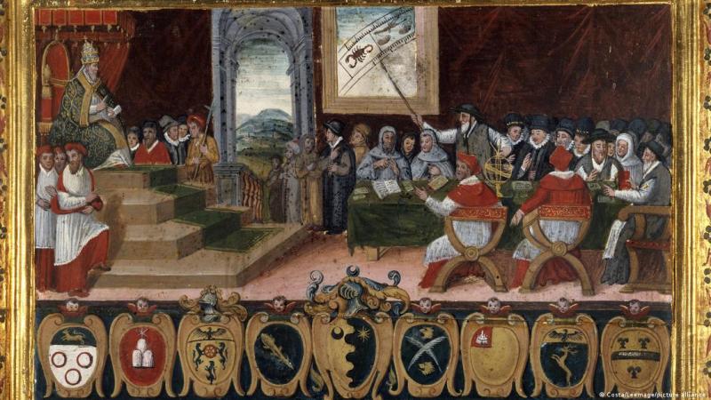 Gregorio XIII, en el trono papal a la izquierda, preside una discusión sobre la reforma del calendario de 1582.