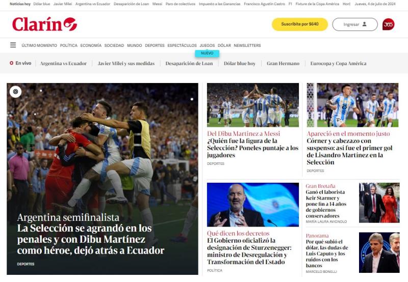 Captura - La portada de Clarín por triunfo de Argentina