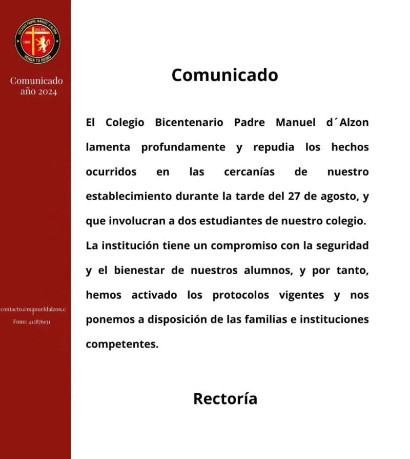 Comunicado de colegio tras ataque con arma de fuego a estudiante en Lota