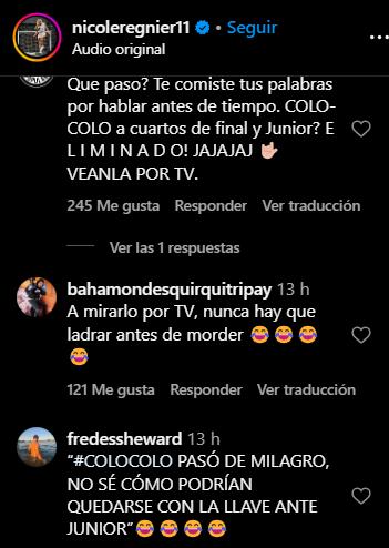 Comentarios en las fotos de Nicole Regnier de parte de los hinchas de Colo Colo - Créditos: Captura