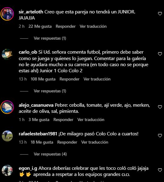 Comentarios en las fotos de Nicole Regnier de parte de los hinchas de Colo Colo - Créditos: Captura